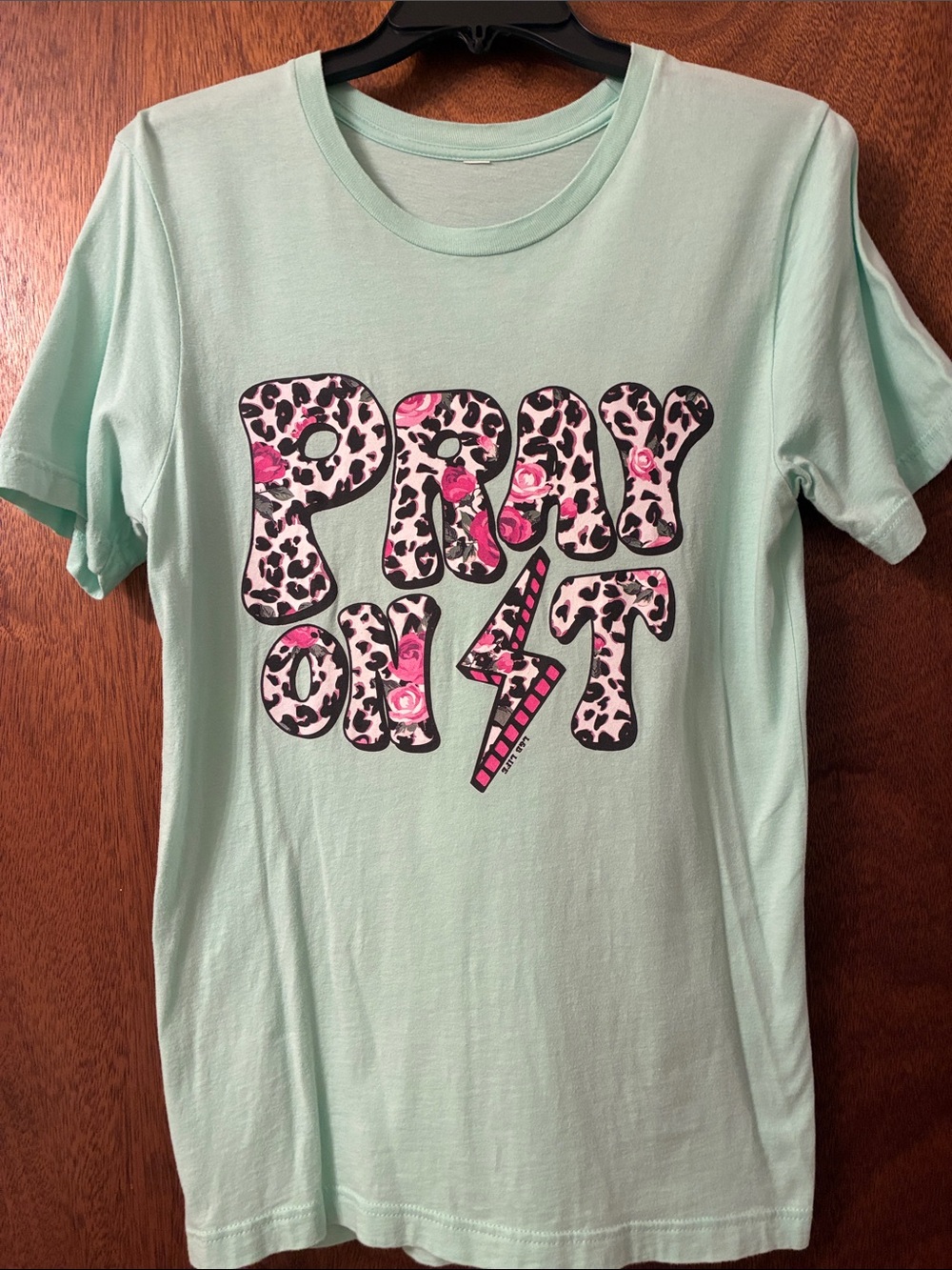 Girls' Mint Short Sleeve Tee with Pink Leopard 'Pray Out' Graphic
